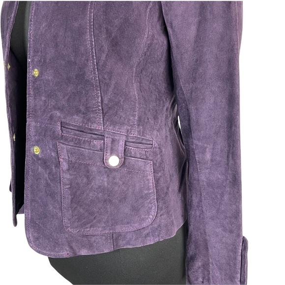 BERNARDO PURPLE SUEDE SNAP BUTTON STAND COLLAR RACING JACKET - Picture 12 of 16
